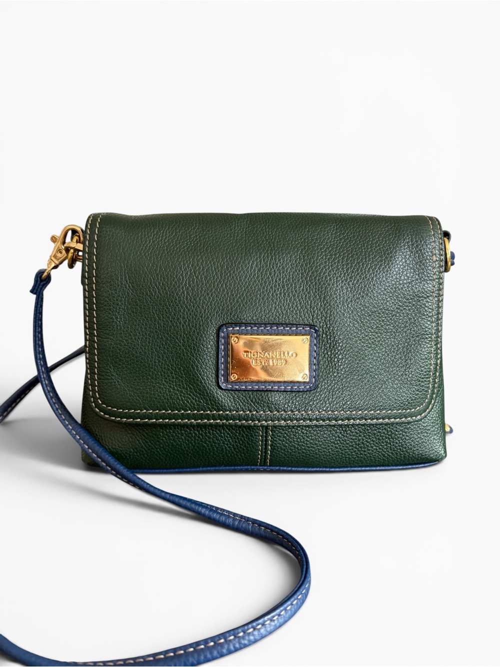 Tignanello Forest Green Pebbled Leather Crossbody with Navy Strap